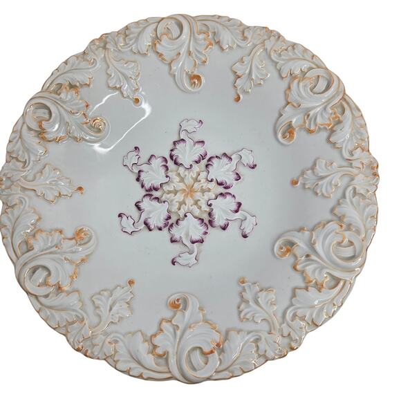 Vintage Meissen Porcelain Bowl Rococco Leaf Purple Gold Relief Luster Floral - Picture 11 of 11